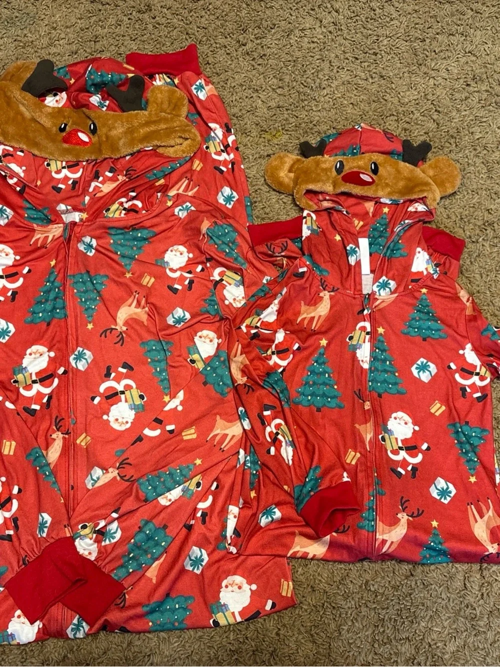 Cozy Mommy and Me Red Reindeer & Santa Holiday Hooded, Zipup Pajama Set